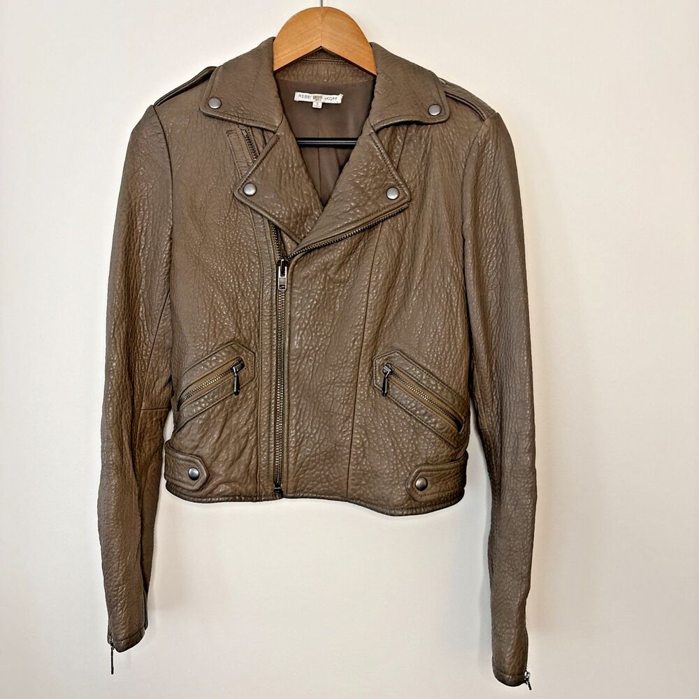 Rebecca Minkoff Stone Wolf Moto Jacket Pebbled Lambskin Leather Zip Brown Small